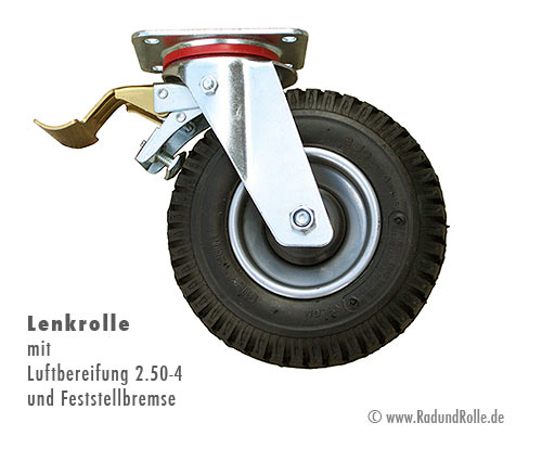 Lenkrolle mit Bremse Luftrad 2.50-4 (225 x 65) mm mit Feststeller 