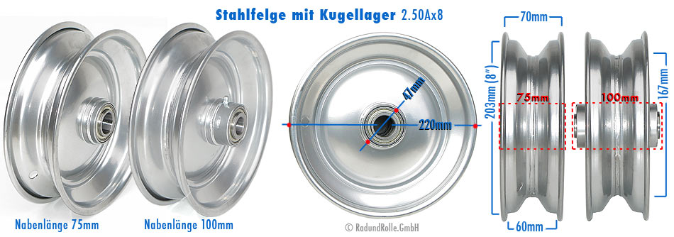 Verstärkte Stahlfelge 2.50Ax8 mit Kugellager-Nabe