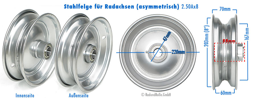 Verstärkte Stahlfelge 2.50Ax8 mit versetzter Kugellager-Nabe