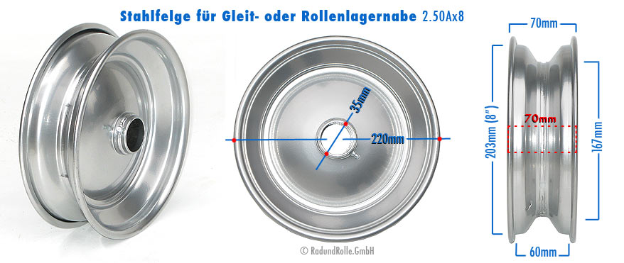 Verstärkte Stahlfelge 2.50Ax8 mit Gleit- oder Rollenlager-Nabe