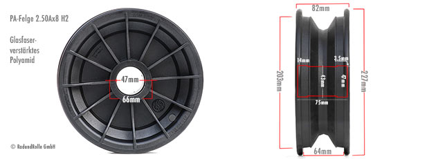Bemaßung PA-Kunststofffelge 2.50Ax8 aus glasfaserverstärktem Polyamid