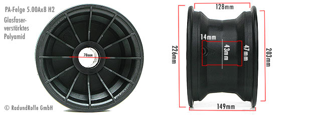 Bemaßung PA-Kunststofffelge aus glasfaserverstärktem Polyamid