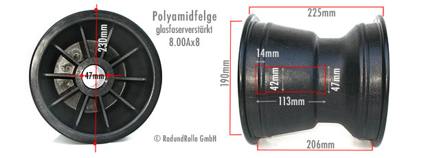 Bemaßung PA-Kunststofffelge aus glasfaserverstärktem Polyamid