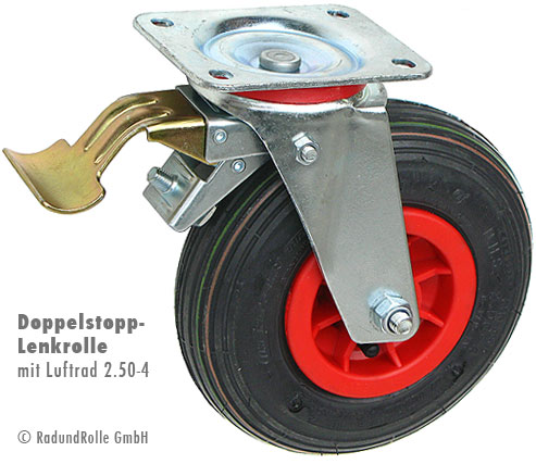 Stopp-Lenkrolle mit Luftbereifung 215x65mm 2.50-4 auf Kunststoff-Felge