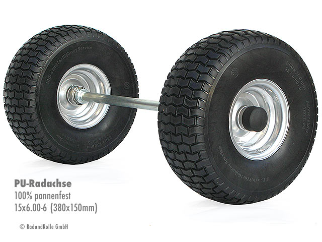 Radsatz mit PU-Bereifung, absolut pannensicher, dornenfest, wartungsfrei, kugelgelagerte Stahlfelge