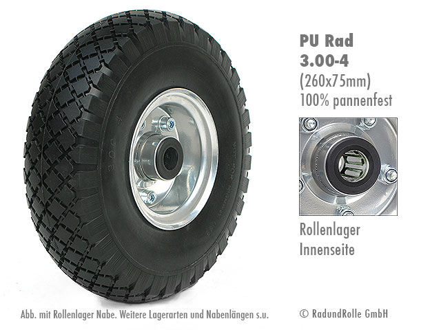 Sackkarrenrad mit PU-Bereifung 3.00-4, absolut pannensicher, dornenfest, wartungsfrei, Gleitlager, Rollenlager, Kugellager, Antrieb