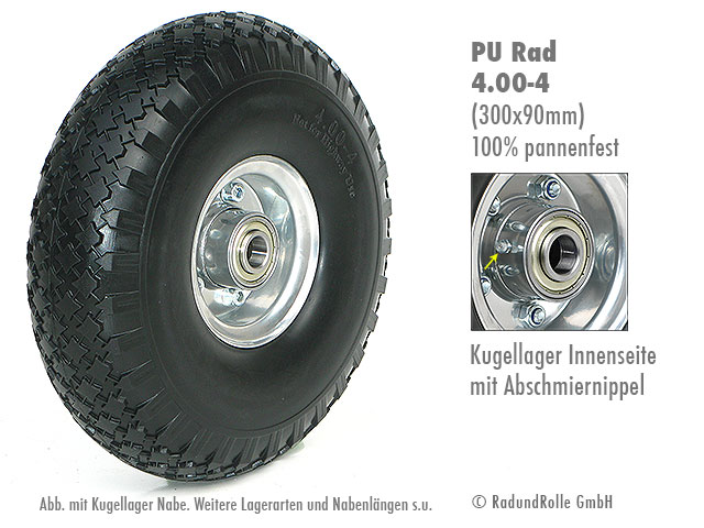 Handwagenrad mit PU-Bereifung 4.00-4, absolut pannensicher, dornenfest, wartungsfrei, Gleitlager, Rollenlager, Kugellager, Antrieb