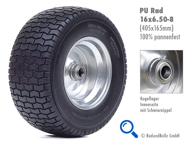 Aufsitzmäherrad mit PU-Bereifung, absolut pannensicher, dornenfest, wartungsfrei, kugelgelagerte Stahlfelge