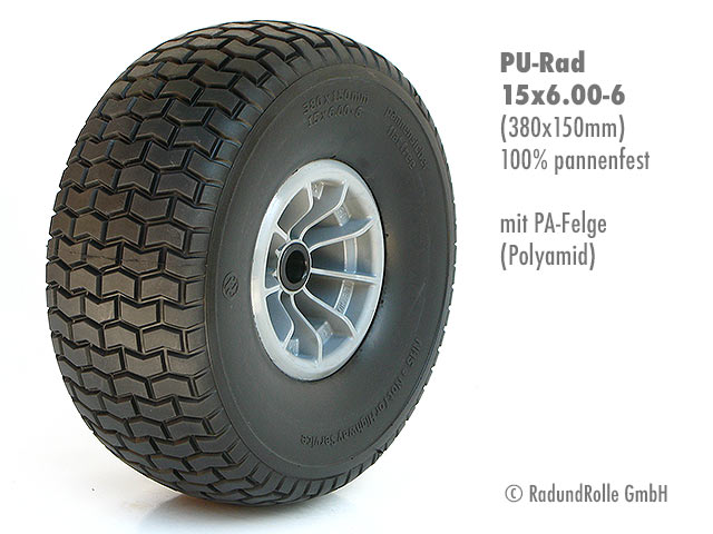 Slipwagenrad mit PU-Bereifung, absolut pannensicher, dornenfest, wartungsfrei, glasfaserverstärkte Polyamidfelge