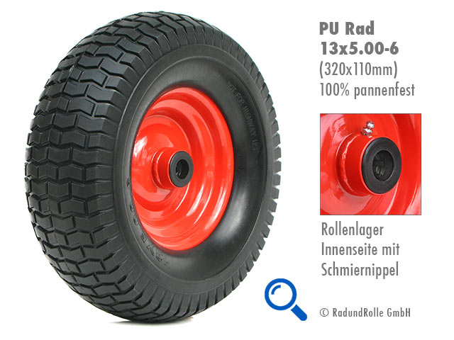 Aufsitzmäherrad mit PU-Bereifung 13x5.00-6, absolut pannensicher, dornenfest, wartungsfrei, Gleitlager, Rollenlager, Kugellager, Antrieb