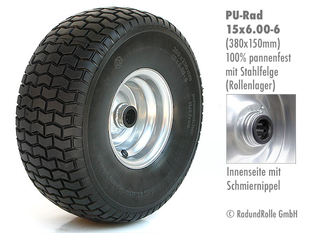 Rasenmäherrad mit PU-Bereifung, 100% pannenfest, dornenfest, wartungsfrei, Stahlfelge mit Gleitlager, Rollenlager, Antrieb