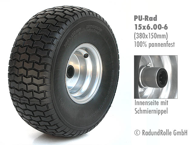 Aufsitzmäherrad 15x6.00-6 mit PU-Bereifung, pannensicher, dornenfest, Stahlfelge mit versetzter Nabe, Gleitlager, Rollenlager, Antrieb