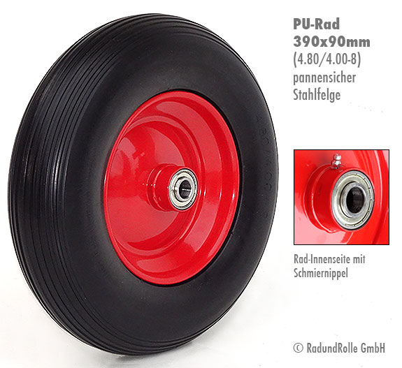 Pannensicheres PU Polyurethan-Schubkarrenrad 390x90mm (4.80/4.00-8)