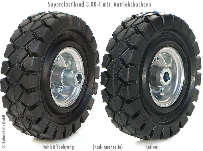 Superelastik-Gummirad mit Staplerreifen Antrieb über Keilnut oder Hohlstift 3,00-4 (260x85mm)