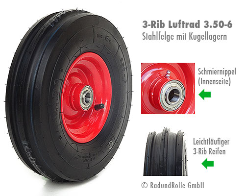 3-Rib-Laufrad 3.50-6 mit kugelgelagerter Stahlfelge