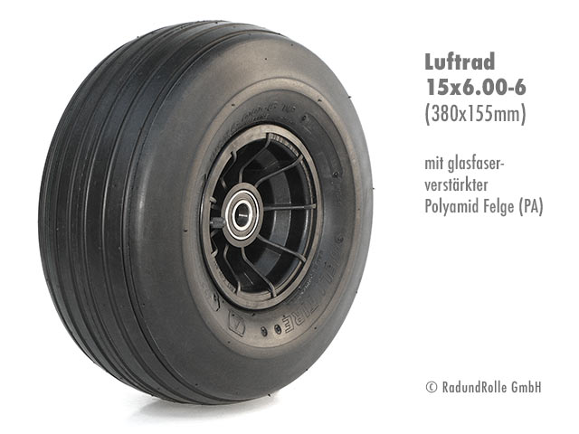 Slipwagenrad 15x6.00-6 mit Luftbereifung, PA-Kunststofffelge aus glasfaserverstärktem Polyamid, Gleitlager, Rollenlager, Kugellager