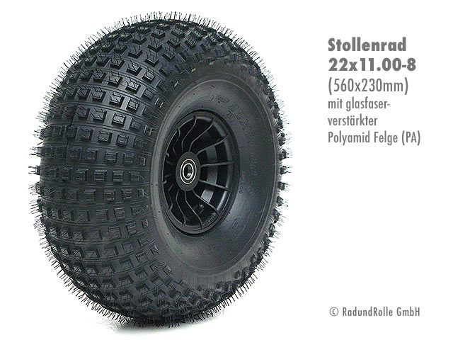 Ballon-Luftrad 22x11-8 mit Stollenprofil Wanda P-523 4PR TL auf glasfaserverstärkter PA-Kunststofffelge 5.00Ax8 H2, Gleitlager, Rollenlager, Kugellager